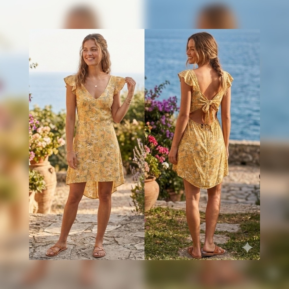 Boho Cottagecore Forever 21 Yellow Floral Mini Dress L Ruffle Tie Back Cutout